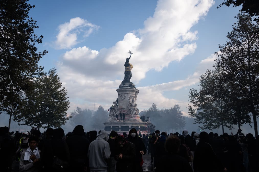 French unrest compounds debt crisis fears. Paris-listed stocks, bonds and the euro fall